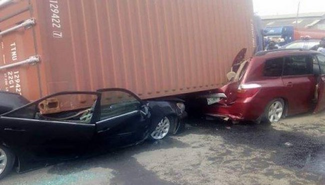 Articulated truck overturns on car in Lagos due to brake failure